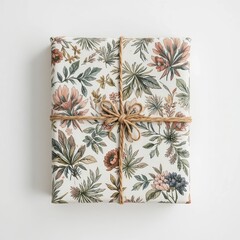 Gift-Presenting a Beautifully Wrapped Package with Floral Design on White Background