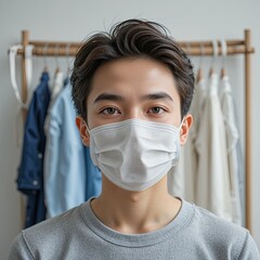 Indoor Portrait of Young Man Wearing Face Mask, Modern Clothing, Neutral Background, Lifestyle Photography, Calm Atmosphere, Close-Up