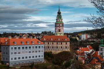 Fototapeta premium A close-up view shows beautiful details of Cesky Krumlov Castle in Czechia.