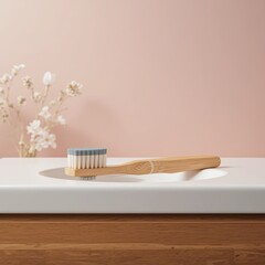 Minimalist Bathroom Scene, Eco-Friendly Toothbrush, Modern Home, Photography, Soft Colors, Close-Up View, Sustainable Living