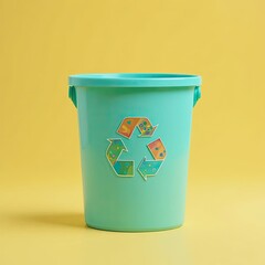 Recycling Initiative, Eco-Friendly Bucket, Indoor Space, Photo, Bright Yellow Background, Close-Up, Sustainability Awareness