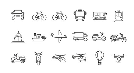 Transportation icon set line art vector illustration of various vehicles perfect for app design and infographics isolated on white background