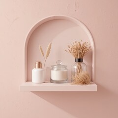 Minimalist Shelf Display with Dried Flowers and Candles in Cozy Living Space