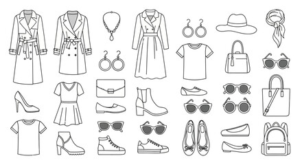 Set of womens clothing and accessories line art minimalist vector illustration for fashion design isolated on white background