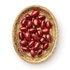 Red fruit in an ornate gold tray