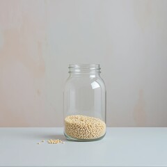 Minimalist Glass Jar with Yellow Seeds, Indoor Still Life, Neutral Background, Simple Design