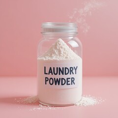 Laundry Powder Container, Home Cleaning, Pink Background, Photo, Minimalist Style, Close-Up View, Household Essentials