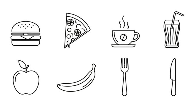 Set of food and drink icons minimalist line art vector illustration perfect for restaurant menus and app design