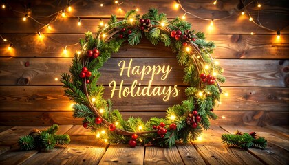 Festive Holiday Wreath with Lights and Wooden Background.