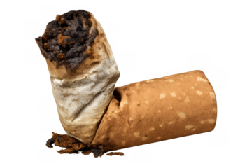 Cigarette butt showing burnt tobacco and a filter, illustrating bad habits, health risks, and littering on a transparent background