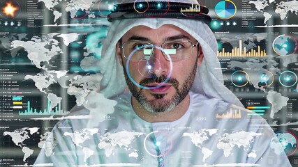 man in traditional attire analyzes complex data visualizations in digital control room | business, technology, middle east, data science, engineering theme - Powered by Adobe