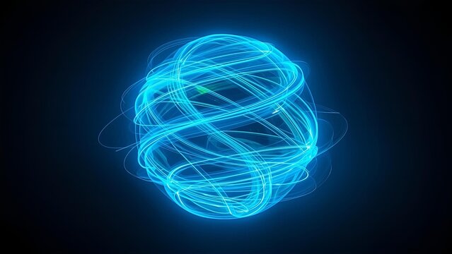 Futuristic glowing energy sphere with flowing neon light waves rotating in dark space. Abstract 3D plasma orb loop animation in blue and green colors for sci-fi, quantum AI, and digital technology 