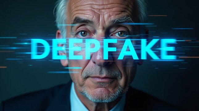 An elderly Caucasian man looks intently as the word 'DEEPFAKE' overlays his face, highlighting the theme of technology and identity. - Powered by Adobe