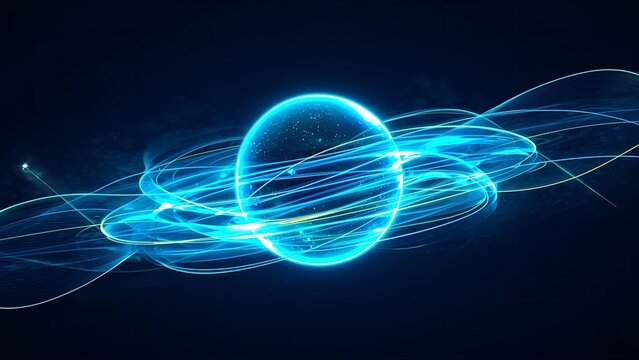 Futuristic glowing energy sphere with flowing neon light waves rotating in dark space. Abstract 3D plasma orb loop animation in blue and green colors for sci-fi, quantum AI, and digital technology 
