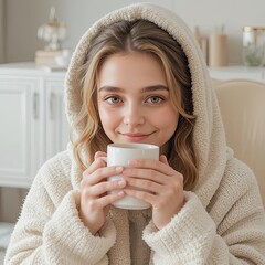 Cozy Indoor Moment, Young Woman, Home, Lifestyle Photo, Warm Atmosphere, Close-Up, Relaxation and Comfort