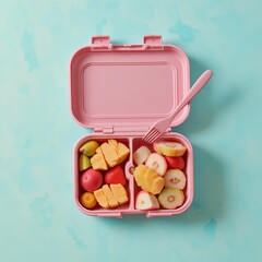 Healthy Lunchbox with Fruits and Vegetables, Top View, Minimalist Style, Vibrant Colors, Indoor Setting