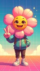 Cheerful pink flower character with emoji face makes peace sign, wears hoodie and sneakers