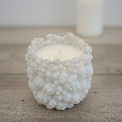 Elegant White Candle in Textured Holder, Minimalist Home Decor, Soft Background, Art Photography