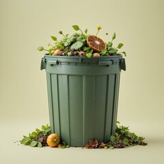 Green Waste Bin Overflowing with Organic Materials in a Minimalist Setting