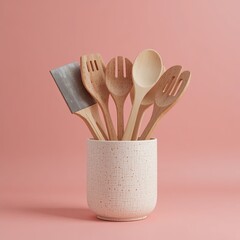 Wooden Utensils in Soft Pink Background, Culinary Tools Display, Home Environment, Aesthetic Composition