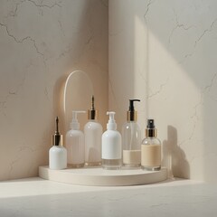 Elegant 3D Refill Corner Setup with Pumps and Glass Containers in Soft-colored Background