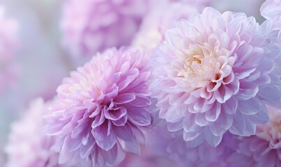 Dreamy macro photography of blooming chrysanthemums and dahlias in pastel shades of blush pink, lilac, and icy blue.