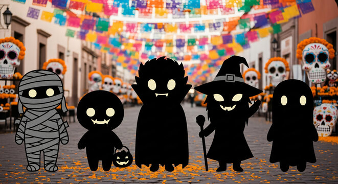 Cartoon graffiti background with spooky black cat and funny bat under a Halloween moon