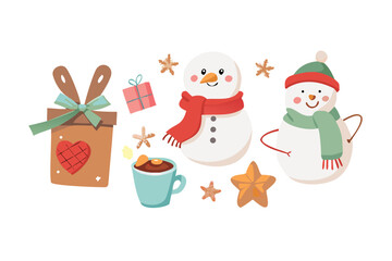 Cheerful christmas set with snowman, gift, and hot chocolate