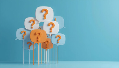 Crowd of 3D Rendered Orange and White Question Marks in Speech Bubbles Against a Bright Blue Background, Excellent for Customer Feedback and Call-to-Action Buttons