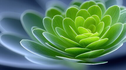 Macro Photo of Vibrant Green Leaves Forming a Symmetrical Spiral Pattern with Soft Blue Background Lighting