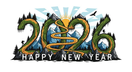 Happy New Year 2026 illustration featuring mountain landscape and hikers vector design for holiday greeting cards and posters