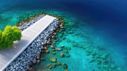 Bright Aerial Drone View of a Stone Pier Extending Over Clear Turquoise Water Reflecting Sunlight with Lush Green Trees on the Left Shoreline on a Sunny Day