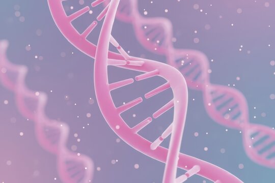 Pink DNA double helix structure on soft gradient background with floating particles, symbolizing genetics, molecular biology, and biotechnology innovation
