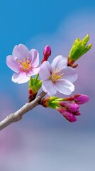 Delicate Pink Cherry Blossoms Bloom Against a Soft Blue and Purple Hazy Sky With Detailed Tree Branch and Budding Pink Flowers in Spring Sunlight