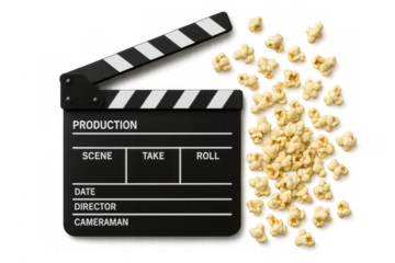 Clapperboard and scattered popcorn symbolising film production, cinema, entertainment, and movie viewing experience