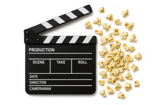 Clapperboard and scattered popcorn symbolising film production, cinema, entertainment, and movie viewing experience