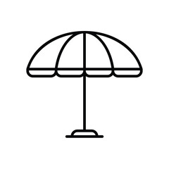 A black line drawing of a beach umbrella It has an umbrella top a pole and a base