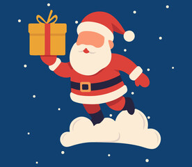Flying santa claus holding gift box, flat minimal vector illustration