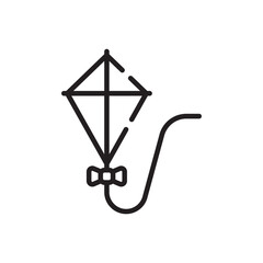 A black line drawing of a diamondshaped kite with a bow and curly string