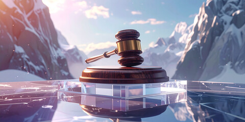 An emblematic gavel positioned on a reflective frozen plane against a backdrop of towering frosted mountains, signifying legal authority and impartial judgment in a modern era