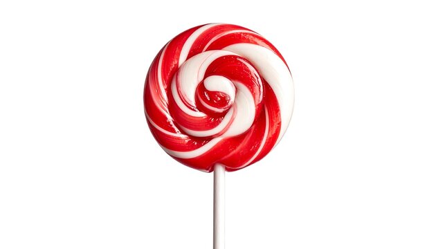 A close-up shot of a red and white spiral lollipop on a white stick against a plain background. The candy appears smooth and glossy