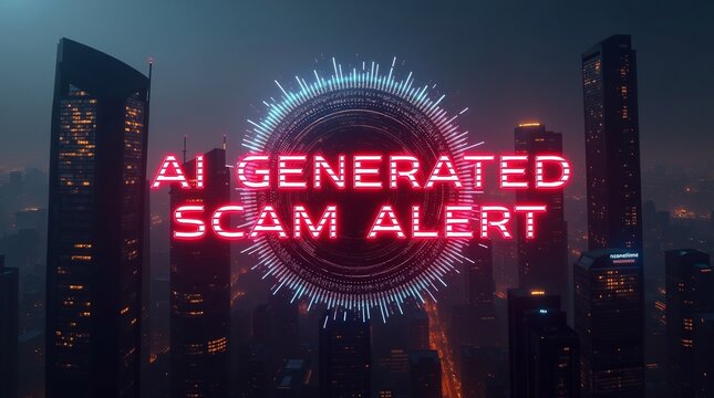 Futuristic cityscape with a bold red 'AI GENERATED SCAM ALERT' message, showcasing a digital security theme.