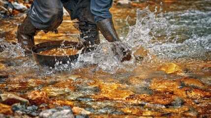 A person in muddy boots uses a metal pan in a rushing stream. Water splashes around as they sift through riverbed material