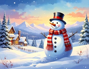 Cheerful snowman against a snowy landscape with a cozy house in the background