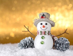 Cheerful snowman with scarf and hat sitting on snowy ground with bokeh background