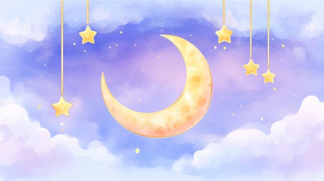 Dreamy crescent moon and golden stars twinkle in a soft pastel sky, creating a magical bedtime scene for children and relaxation