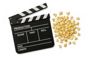 Clapperboard and scattered popcorn representing film creativity, cinema entertainment, and video production on a transparent background