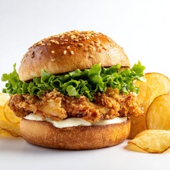 Crispy fried chicken sandwich on a bun, with lettuce and mayo, served with potato chips