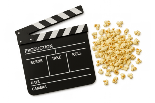 Clapperboard and scattered popcorn representing film creativity, cinema entertainment, and video production on a transparent background