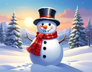 Cheerful snowman with top hat and scarf stands in snowy winter mountain scene